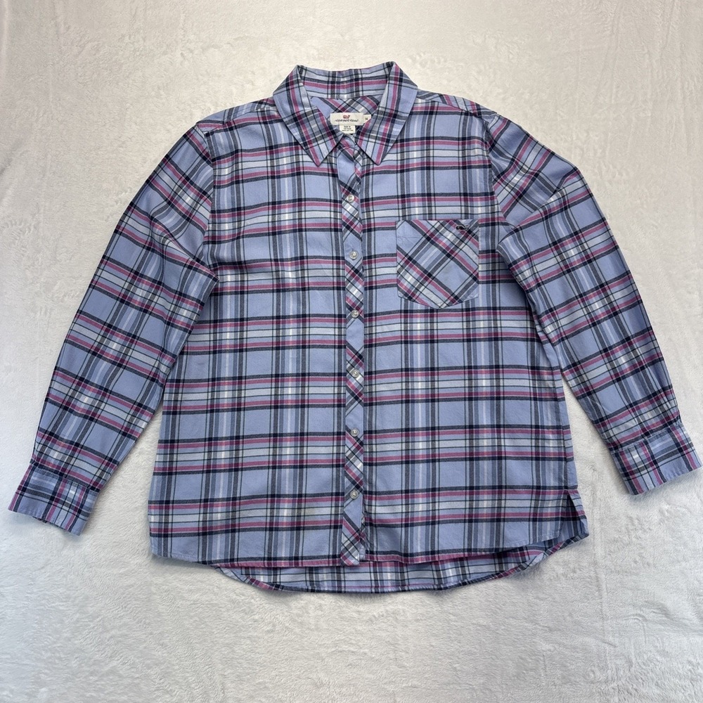 Vineyard Vines Shirt Women's 14 Blue Pink Plaid Button Front Long Sleeve Flannel